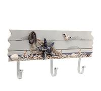 MyGift Oceanic Coastal White Sandy Beach Style Starfish, Seagull & Seashells Wood 3 Metal Coat Hooks Wall Rack