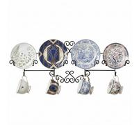 MyGift Vintage Scrollwork Black Metal Wire Tea Coffee Cup and Saucer Set Rack, Wall Mounted Decorative Display Shelf Holds Up to 4 Collectible Plates & Mugs