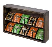 MyGift Wall Mounted Deluxe Burnt Solid Wood Variety Tea Bag Display Box with 10 Black Metal Basket Compartments