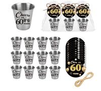 MyGiftHub 60th Birthday Party Favors for Guests - 12 Stainless Steel Shot Glasses (2oz), Organza Bags, Round Cards & Twine - Cheers to 60 Years Celebration