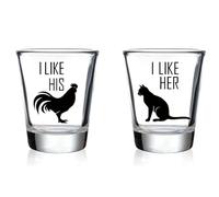 MyGiftHub Funny Couples Shot Glasses 2oz Set - Cat & Rooster Design with I Like Her/I Like His, Novelty Gag Gift for Wedding Anniversary Engagement Party Favors, Thick-Walled Glassware for Adults