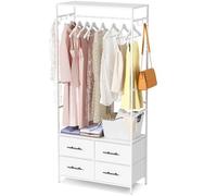 MYGIIVOVO Open Wardrobe, Clothes Rail with Drawers for Bedroom, with 4 White Fabric Drawers, 4 Side Hooks and Metal Frame 30D x 80W x 172H cm