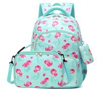 mygreen 3PCS Kids Backpack Set - Waterproof Bookbag with Lunch Box for Girls, Green Mermaid