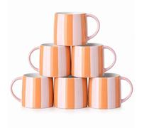 myGrtfam Hand-Painted Ceramic Coffee Mug Set 6, Cute Pink and Orange Vertical Striped Porcelain Cup with Comfortable Handle, Large Tea Mug for Office & Home, Microwave & Dishwasher Safe 12oz
