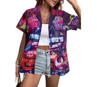 MYHALF 80s Outfit for Women 80'S Neon Shirts 80s 90s Themed Party Outfits Retro Button Down Short Sleeve Clothes Top, Purple, M