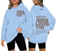 MYHALF Christian Sweatshirt Women Jesus Loves You Hoodie Oversized Jesus Faith Pullover Religious Saying Crewneck Fall Tops, Lightweight Blue, Medium