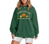 MYHALF Crewneck Sweatshirt for Women Fall Leaf Graphic Sweatshirts Vacation Long Sleeve Drop Shoulder Pullover, Green, Medium