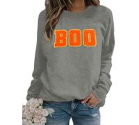 MYHALF Halloween Sweatshirt for Women Boo Embroidered Sweaters Cute Spooky Season Shirt Long Sleeve Fall Winter Pullover Tops, Grey1, Large