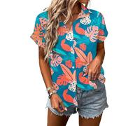 MYHALF Women Hawaiian Shirt Soft Cool Summer Hawaii Shirts Floral Tropic Print V Neck T-Shirt Short Sleeve Button Up Tops, Hawaii Floral 9, L