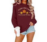 MYHALF Women's Sweatshirt with Star Pattern, Leaf Graphic, Long Sleeves, Crew Neck, Drop Shoulders, Pullover Tops, Getaway Solids, L