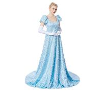 MyheroCos Women's Blue Lace Regency Dress, S (Strapless, High Waist, Floor Length)