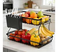 MYHOGOOD 2 Tier Fruit Bowl Basket with 2 Banana Hangers and Cutlery Drainer, 2026 Pro Detachable Vegetable Rack Storage for Fruits Snacks, Metal Kitchen Countertop Organizer with Banana Holder, Black