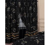 MyHome 66" x 54" Celestial Curtains And Tie Backs, Horoscopes Constellations Night Sky Stars Zodiac Signs, Black White Yellow