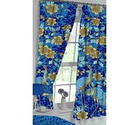 MyHome Heron Blue Navy Gold 66" x 54" Unlined Pencil Pleat Curtains & Tie Backs Bird Floral