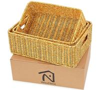 myHomeBody Baskets for Organizing, Undershelf Wicker Storage, Hand Woven Organizer for Closet Organization, Rectangular, Set of 3, Amber