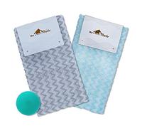 myHomeBody Extra Long Exfoliating Washcloth, Exfoliating Body Scrubber, Shower Towel, Long Bath Cloth, 3D Texture Silver Grey and Arctic Blue Chevron, Set of 2 with Silicone Facial Brush