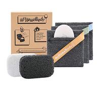 myHomeBody Soap Pocket Squares Exfoliating Pouch, Body Scrubber, Exfoliator Sponge for Bath or Shower, or Leftover Bits Saver, Graphite Gray, 3 Pack + 2 Lift Pads
