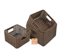 myHomeBody Wicker Storage Basket, Storage Cubes, Woven Baskets for Organizing, Resin Wicker Set of 3, Rustic Brown