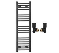 Myhomeware 400mm Wide Straight Black Heated Bathroom Towel Rail Radiator With Valves For Central Heating UK (With Black Angled Valves, 400 x 1000mm (h))