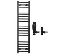 Myhomeware 400mm Wide Straight Black Heated Bathroom Towel Rail Radiator With Valves For Central Heating (With TRV Black Angled Valves, 400 x 1200mm (h))