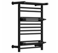 Myhomeware 490mm X 680mm Black Heated Towel Rail Radiator Top Shelf & Two Towel Holder Oslo For Bathroom & Kitchen Rag Storage Rack