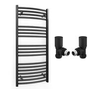Myhomeware 500mm Wide Curved Black Radiator Bathroom Towel Rail Radiator For Central Heating Bathroom Heated Towel Rail (500 x 1000 mm (h), With Black Angled Valves)