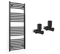 Myhomeware 500mm Wide Curved Black Radiator Bathroom Towel Rail Radiator For Central Heating Bathroom Heated Towel Rail (500 x 1200 mm (h), With Black Straight Valves)