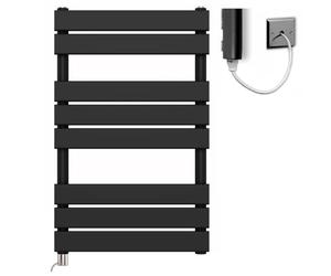 Myhomeware 500mm Wide Flat Panel Matt Black Electric Pre-Filled Heated Towel Rail Radiator For Bathroom Designer Wide (Manual Electric Element, 500mm wide x 800mm high)