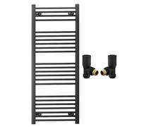 Myhomeware 500mm Wide Straight Black Heated Bathroom Towel Rail Radiator With Valves For Central Heating UK (With Black Angled Valves, 500 x 1200mm (h))