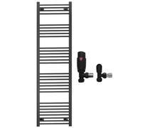 Myhomeware 550mm Wide Straight Black Heated Bathroom Towel Rail Radiator With Valves For Central Heating UK (With Black Angled TRV Valves, 550 x 1700mm (h))