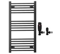 Myhomeware 550mm Wide Straight Black Heated Bathroom Towel Rail Radiator With Valves For Central Heating UK (With Black Angled TRV Valves, 550 x 900mm (h))