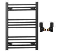 Myhomeware 600mm Wide Straight Black Heated Bathroom Towel Rail Radiator With Valves For Central Heating UK (With Black Angled Valves, 600 x 700mm (h))