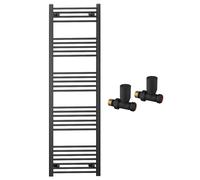 Myhomeware 600mm Wide Straight Black Heated Bathroom Towel Rail Radiator With Valves For Central Heating UK (With Black Straight Valves, 600 x 1600mm (h))