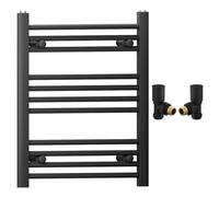 Myhomeware 600mm Wide Straight Black Heated Bathroom Towel Rail Radiator With Valves For Central Heating UK (With Black Angled Valves, 600 x 600mm (h))