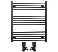 Myhomeware 900mm Wide Straight Black Heated Bathroom Towel Rail Radiator With Valves For Central Heating UK (With Black Angled Valves, 900 x 800mm (h))