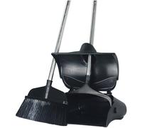 MyHomie Heavy Duty Long Handled Dustpan and Brush Set, Wheel Attached Standing Dust Pan - Floor Cleaning, Stainless Steel Broom with Nylon Bristles, Protective PVC Jacket Handle, Hanging Hole - Black