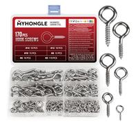 MYHongLe 170 Pcs Eye Bolts Screw in Hooks for Hanging, Heavy Duty Eye Hooks Screw, Eye Screws for Wood, Hanging Plants Garden Lights Lifting and Securing Cables Wires Indoor Outdoor Use (Silvery-170)