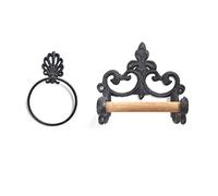 Myingaou Black Toilet Roll Holder Towel Holder Set, Cast Iron Towel Ring Toilet Roll Holder Wall Mounted, Vintage Design