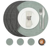 Myir JUN Leather Placemats and Coaster Set of 4, Round Waterproof Dual Sided Kitchen Place Mats Coffee Mats Heat Resistant Non-Slip Washable (set of 4, Gray Sage Green)