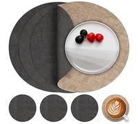 Myir JUN Leather Placemats and Coaster Set of 4, Table Mats Round Waterproof Dual Sided Kitchen Place Mats Coffee Mats Heat Resistant Placemat Non-Slip Washable (set of 4, Gray Beige)