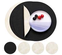 Myir JUN Leather Placemats and Coaster Set of 4, Table Mats Round Waterproof Dual Sided Kitchen Place Mats Coffee Mats Heat Resistant Placemat Non-Slip Washable (set of 4, Black Linen)