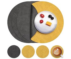 Myir JUN Leather Placemats and Coaster Set of 4, Table Mats Round Waterproof Dual Sided Kitchen Place Mats Coffee Mats Heat Resistant Placemat Non-Slip Washable (set of 4, Grey Yellow)
