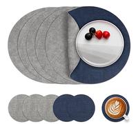 Myir JUN Leather Placemats and Coaster Set of 6, Table Mats Round Waterproof Dual Sided Kitchen Place Mats Coffee Mats Heat Resistant Placemat Non-Slip Washable (set of 6, Gray Blue)