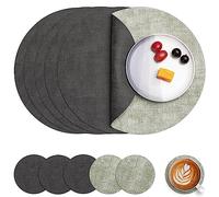 Myir JUN Leather Placemats and Coaster Set of 6, Table Mats Round Waterproof Dual Sided Kitchen Place Mats Coffee Mats Heat Resistant Placemat Non-Slip Washable (set of 6, Grey Green)
