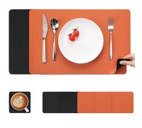 Myir JUN Leather Table Mats and Coasters, Dual-Sided Leather Placemats and Coasters Waterproof Placemats Set of 6 Place Mats Non-Slip Washable Table Mats (Black Orange, Set of 6)