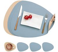 Myir JUN Leather Table Mats and Coasters, Placemat Round PU Waterproof Dual-Sided Kitchen Place Mats Coffee Mats Non-Slip Washable Placemats and Coaster Sets 4 (Set of 4, Beige Light-Blue)