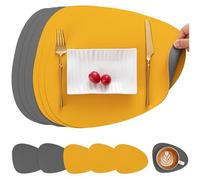 Myir JUN Leather Table Mats and Coasters, Placemat Round PU Waterproof Dual-Sided Kitchen Place Mats Coffee Mats Non-Slip Washable Placemats and Coaster Sets 6 (Set of 6, Grey Yellow)