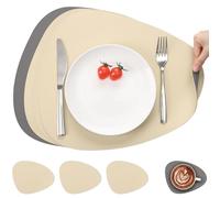 Myir JUN Leather Table Mats and Coasters, Placemat Round PU Waterproof Dual-Sided Kitchen Place Mats Coffee Mats Non-Slip Washable Placemats and Coaster Sets 4 (Set of 4, Gray Wheat)