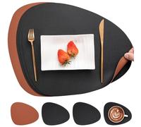 Myir JUN Leather Table Mats and Coasters, Placemat Round PU Waterproof Dual-Sided Kitchen Place Mats Coffee Mats Non-Slip Washable Placemats and Coaster Sets 4 (Set of 4, Black Brown)