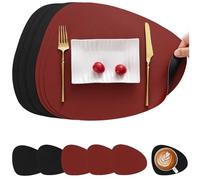 Myir JUN Leather Table Mats and Coasters, Placemat Round PU Waterproof Dual-Sided Kitchen Place Mats Coffee Mats Non-Slip Washable Placemats and Coaster Sets 6 (Set of 6, Red Black)
